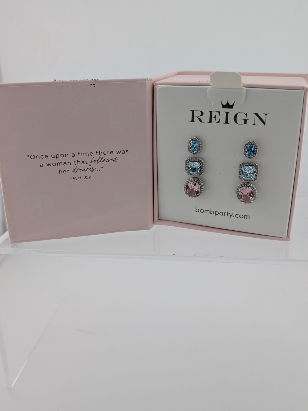 Reign Pink and Light Blue Crystal Trio Drop Earrings